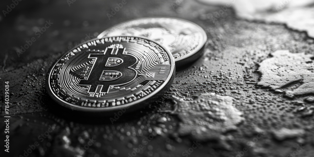 Poster Two bitcoins displayed on a wet surface, suitable for cryptocurrency concepts