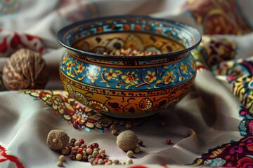 A vibrant bowl of nuts on a decorative table cloth. Perfect for food and nutrition concepts - obrazy, fototapety, plakaty