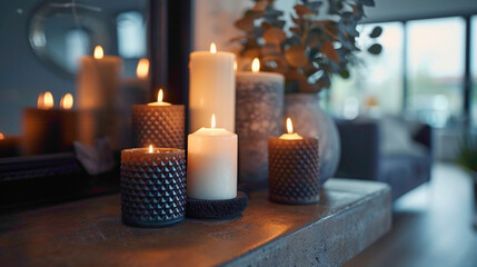 Macro shot of a collection of decorative candles on a mantel, modern interior design, scandinavian style hyperrealistic photography
