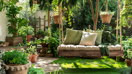 A wooden swing seat with a beige cushion and green pillows hangs from a sturdy wooden frame