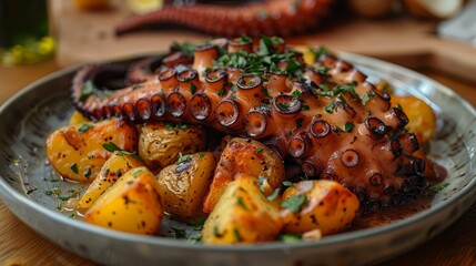  Octopus atop potatoes, garnished with parsley - obrazy, fototapety, plakaty