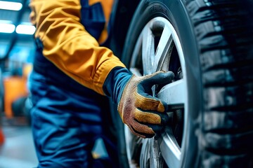 Close-up of hands of mechanic in yellow uniform and gloves holding car wheel and tire
