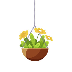 A hanging flower pot with yellow flowers and green leaves, flat vector illustration on a transparent background, concept of home decor. Vector illustration