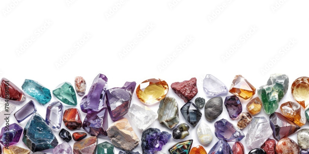 Poster group of various colored crystals on a clean white background. ideal for use in science or geology r