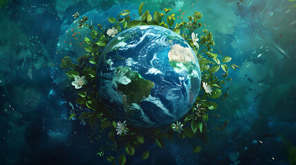 Obraz na płótnie Canvas a stylized, artistic representation of our planet Earth. The continents are adorned with various shades of green, symbolizing lush vegetation and natural beauty.