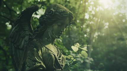 Fototapeta premium Angelic statue holding a delicate flower, suitable for religious or memorial themes