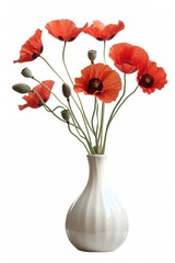 A white vase filled with vibrant red flowers. Perfect for home decor or floral arrangements