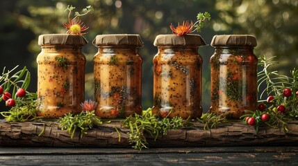   A collection of jars laden with food rests atop a wooden table, flanked by an array of plants and blossoming flowers