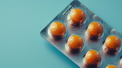 Orange pills in a blister pack on a blue background, suitable for medical or healthcare concepts - obrazy, fototapety, plakaty