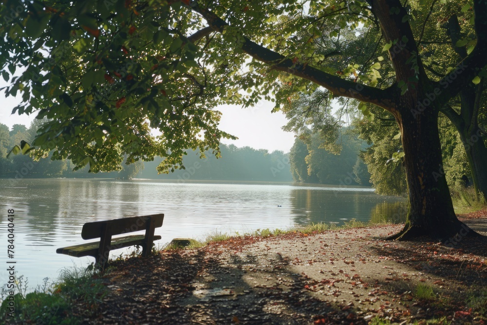 Poster A peaceful scene of a wooden bench under a tree by a tranquil body of water. Ideal for nature and relaxation concepts