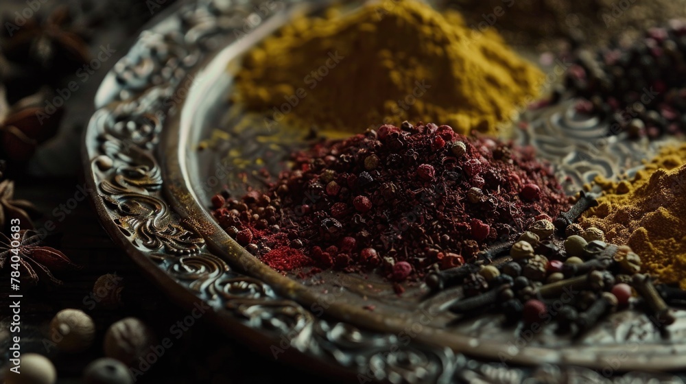Poster assorted spices on a shiny silver plate, perfect for culinary concepts
