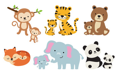 Obraz na płótnie Canvas Mom and baby animals vector illustration set. Wild animal babies including monkey, tiger bear, fox, elephant, and panda with their moms.