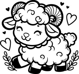 Obraz premium Cute little sheep black outline children coloring book.