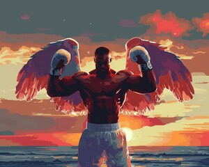 A bulging boxer with sunset wings resting after a playful bout - obrazy, fototapety, plakaty