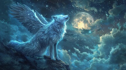 A husky wolf with midnight star wings howling at the moon