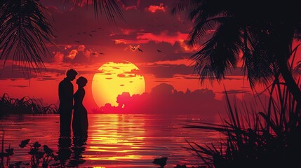 Lifelong sweethearts renewing vows on a secluded island getaway, sunset in the background - obrazy, fototapety, plakaty