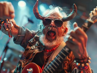 A baby boomer at a rock concert, with horns that look like electric guitar shapes - obrazy, fototapety, plakaty