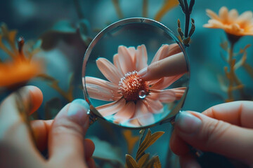 A cute sister and brother's fingers holding a magnifying glass, exploring the intricate details of a delicate flower.