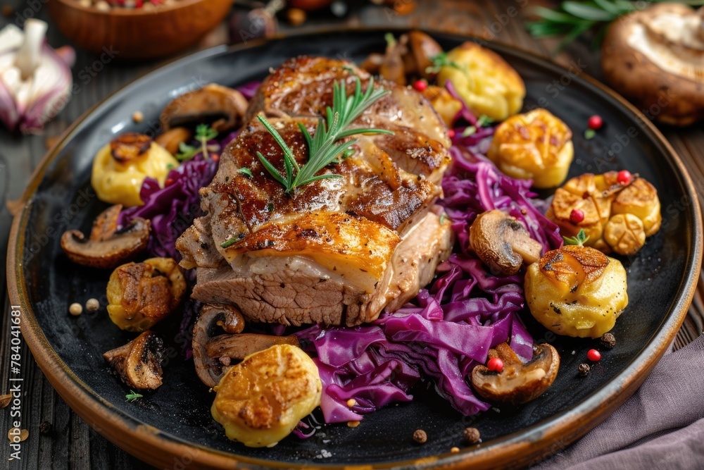 Poster a plate of assorted meat and vegetables on a table. suitable for food and cooking concepts