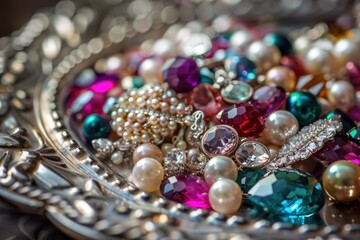A variety of colorful jewels displayed on a silver tray. Great for luxury, jewelry, or treasure concepts