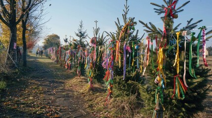 A row of Christmas trees with ribbons tied to them. Suitable for holiday decorations
