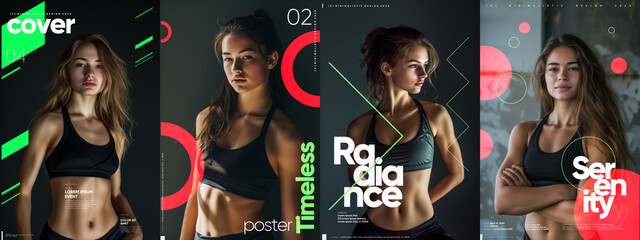 A dynamic range of fitness-themed posters blending the energy of athletic women with striking, oversized typography.