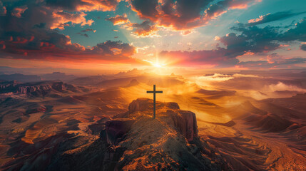 a powerful Christian scene of a cross on a hill with a glorious and colorful background