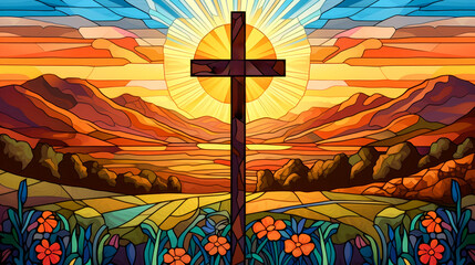 a stained glass window with cross 