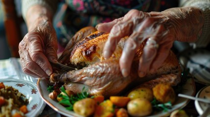 Close-up of person cutting a turkey on a plate. Perfect for Thanksgiving or holiday meal concepts