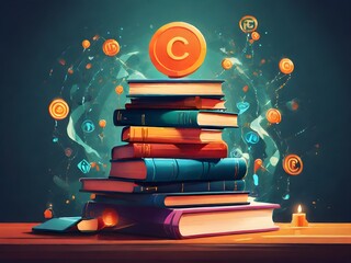 World book and copyright day | April 23 | An illustration depicting a stack of books with copyright symbols hovering above them