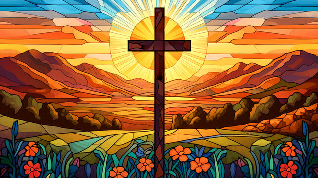 a stained glass window with cross 