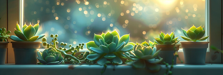 Macro shot of a collection of succulents on a windowsill, hyperrealistic photography of modern interior design