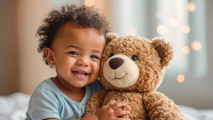 cute little African American baby with teddy bear at home