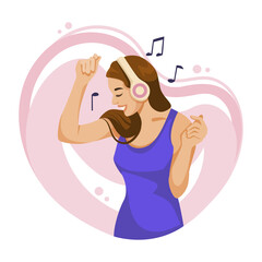 An illustration of a happy woman dancing with headphones, with a vibrant pink background, expressing joy and music enjoyment. Vector illustration