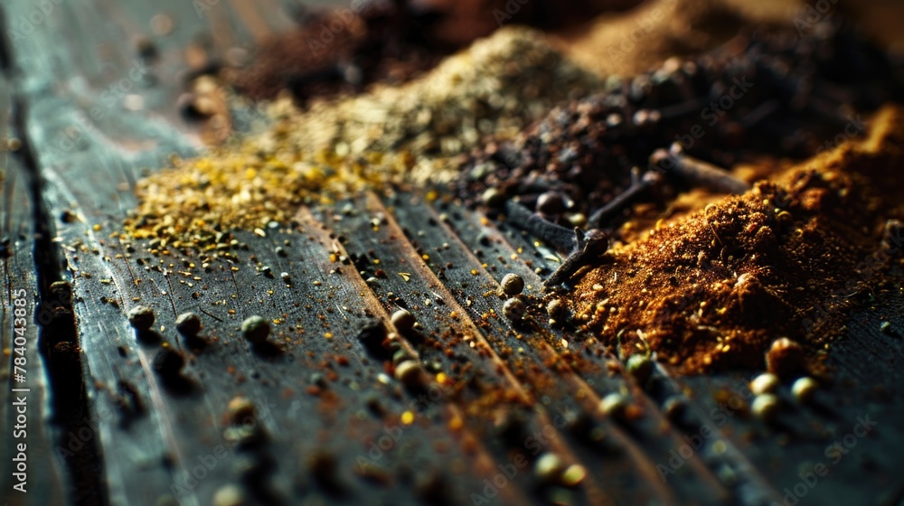 Poster close up of various spices on a table, ideal for culinary projects
