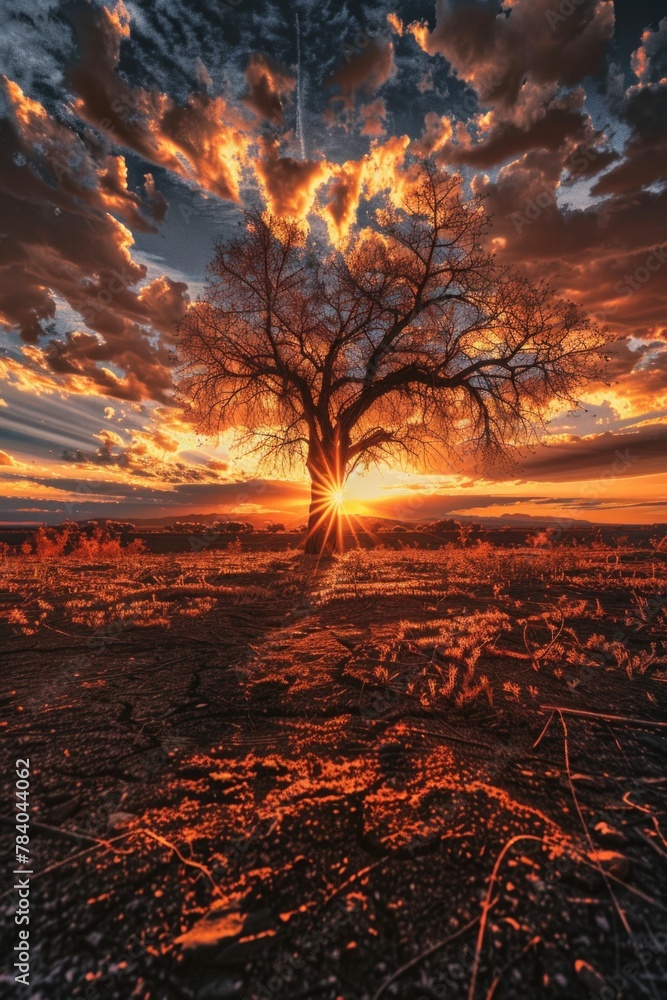 Poster beautiful sunset behind a tree in a field. perfect for nature and landscape concepts