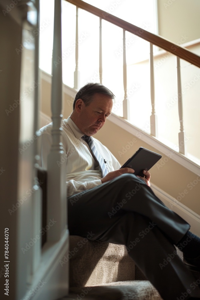 Poster A man sitting on the stairs while using a tablet computer. Suitable for technology concepts