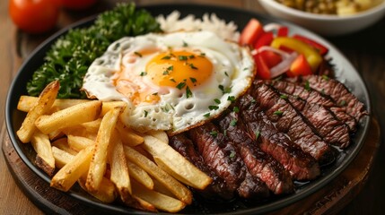 Portugal dish Bitoque made from beef steak with a fried egg, rice, french fries and vegetables 