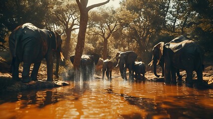 A Family of Elephants Gathered at a Watering Hole