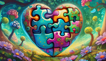 OIL PAINTING STYLE cartoon illustration Multicolored puzzle heart puzzle, puzzle,