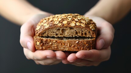   A tight shot of an individual gripping a loaf of bread adorned with sesame seeds