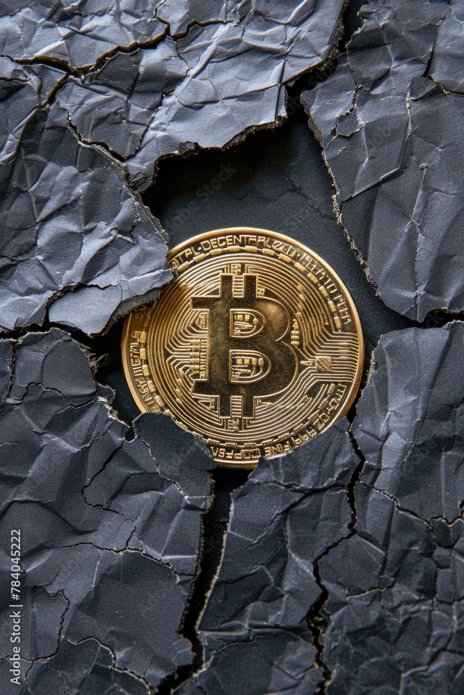 Poster a single bitcoin resting on a cracked surface, suitable for financial concepts