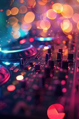 Close up of a DJ's deck with colorful lights in the background. Perfect for music events and entertainment industry