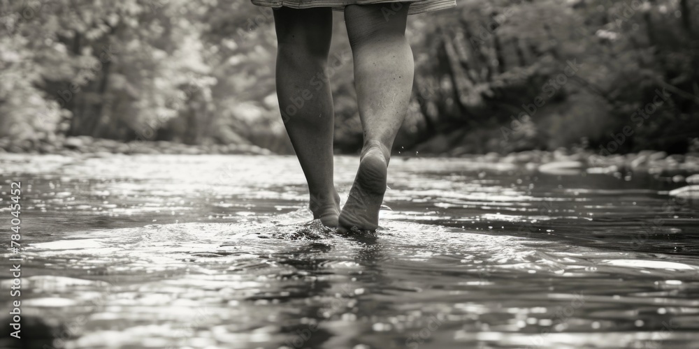 Poster a person walking in the water, suitable for various concepts