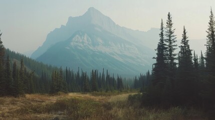 Scenic View of Mountain in the Canadian Rockies Alberta Canada in late summer on sunny hazy day - obrazy, fototapety, plakaty