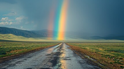   A rainbow arches over a dirt road, nestled in a expanses of green field Mountains loom in the distance as the backdrop
