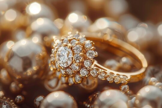 A close up image of a diamond ring surrounded by pearls. Perfect for jewelry stores or wedding websites