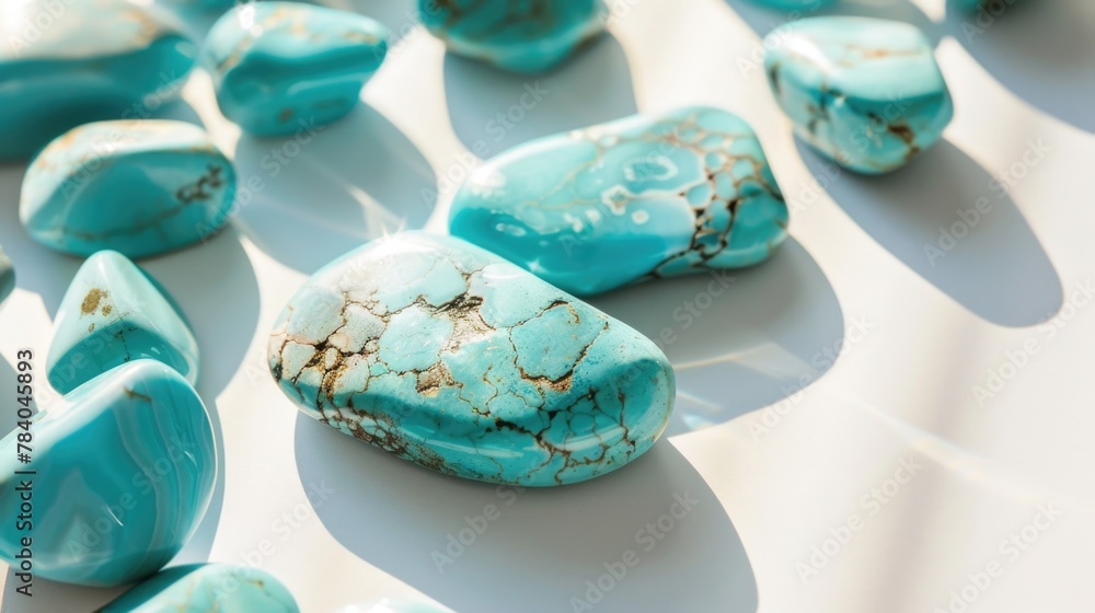 Poster group of turquoise colored stones on a white surface, suitable for various design projects