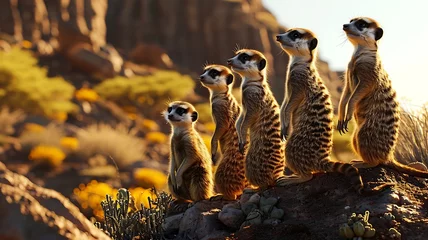 Deurstickers A Family of Meerkats Standing Alertly in a Desert Landscape © Huzaifa