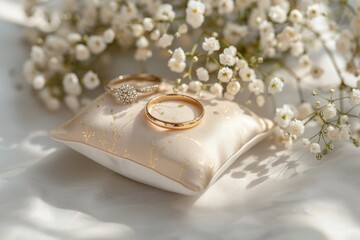 Obraz na płótnie Canvas Elegant wedding rings displayed on a pillow. Perfect for wedding-related designs